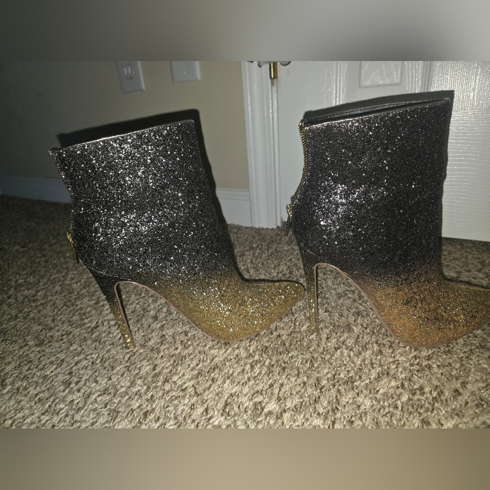 Shoe Dazzle Black-to-Gold Glitter Stiletto Ankle Boots